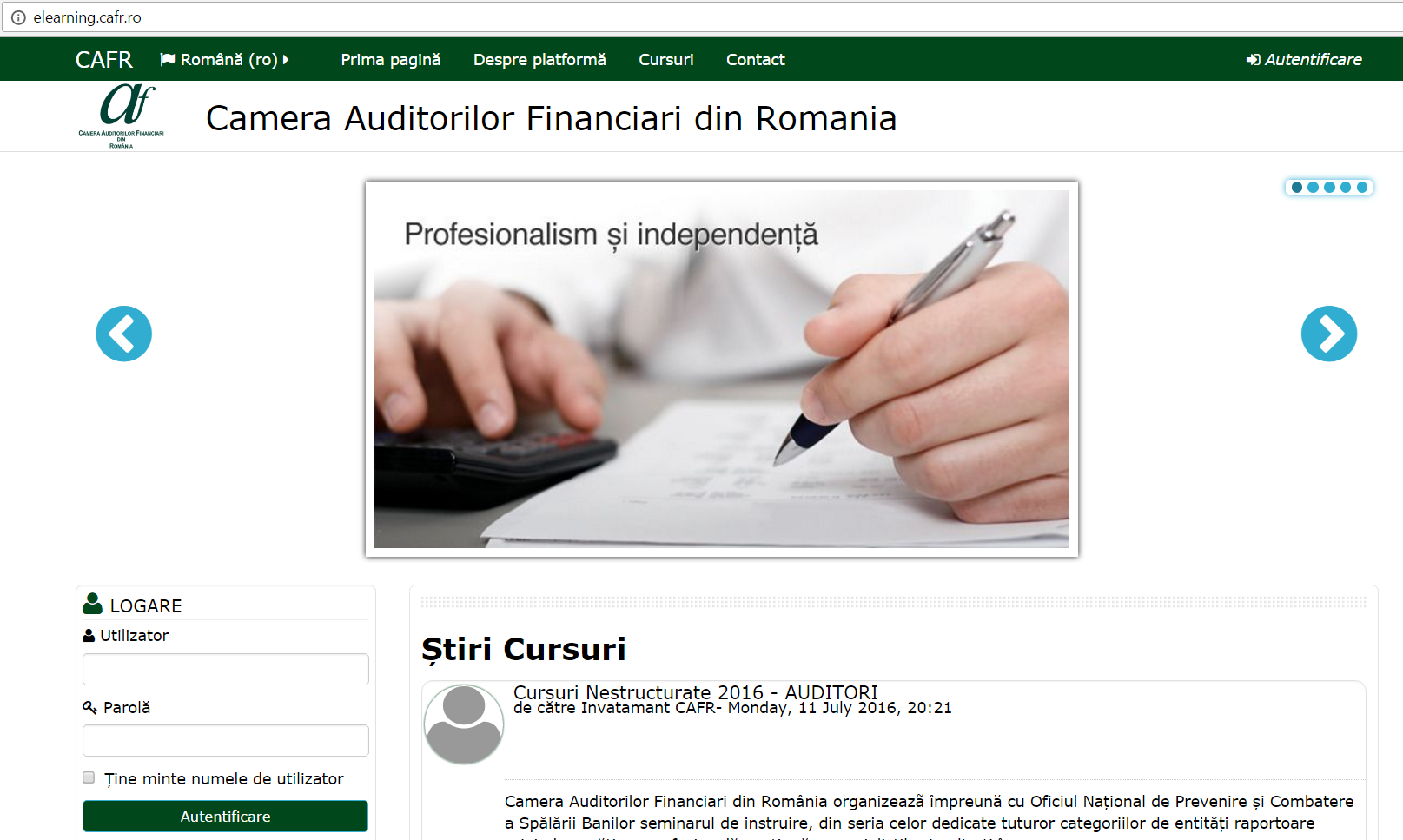 autentificare pe platforma e-Learning